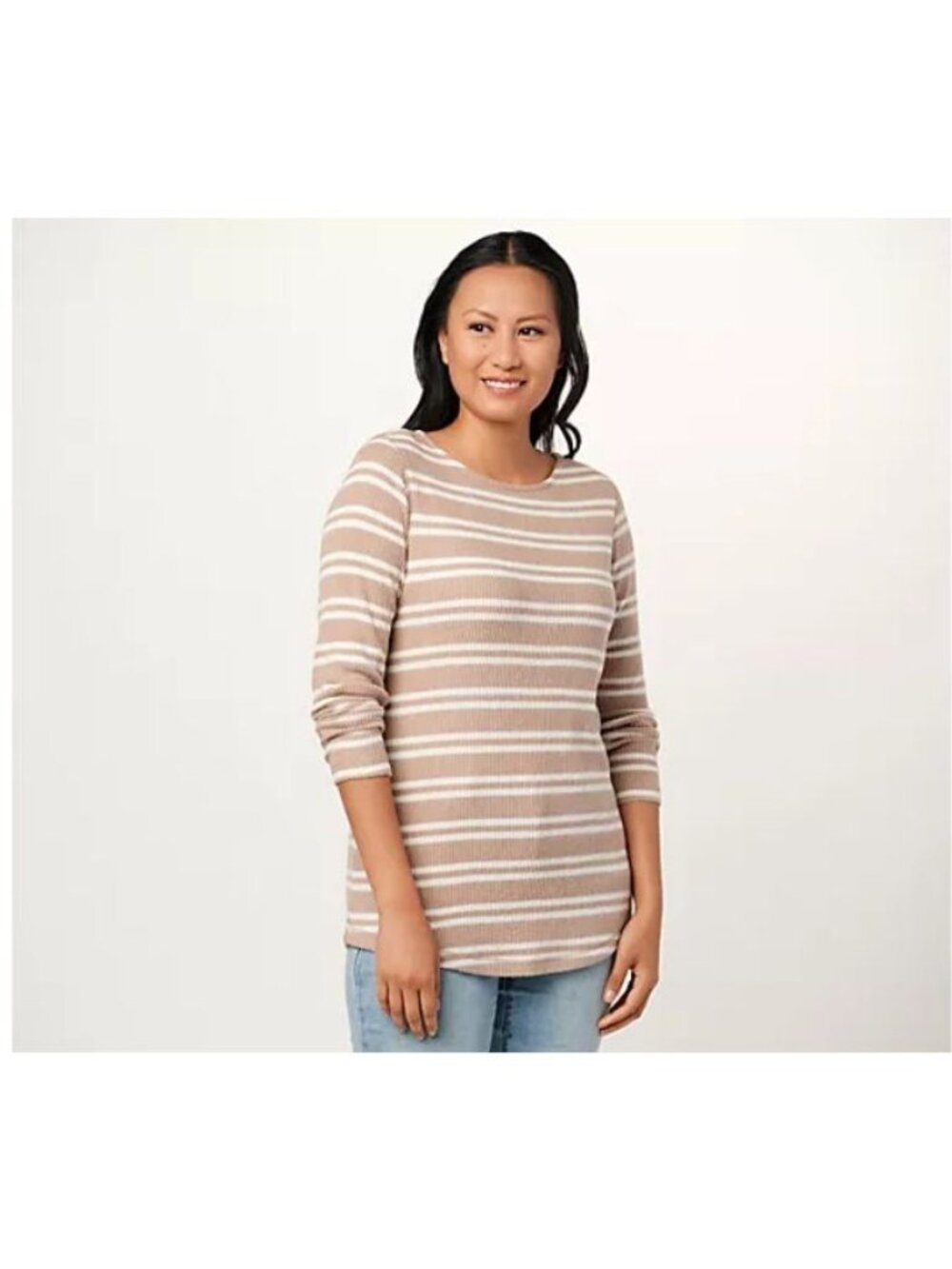 Susan Graver Petite Weekend Striped Brushed Rib Knit Tunic Womens XS Khaki NEW